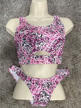 Joan Vass Pink, Black & White Patterned Bikini Set